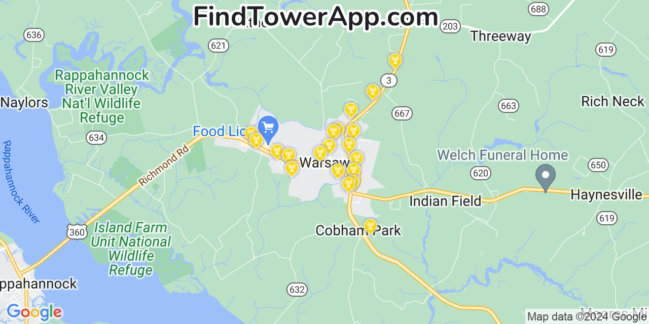 AT&T 4G/5G cell tower coverage map Warsaw, Virginia