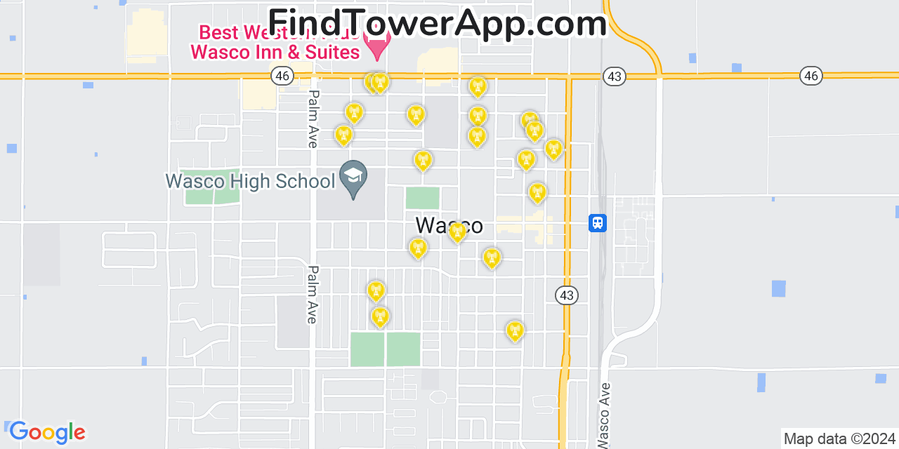 AT&T 4G/5G cell tower coverage map Wasco, California
