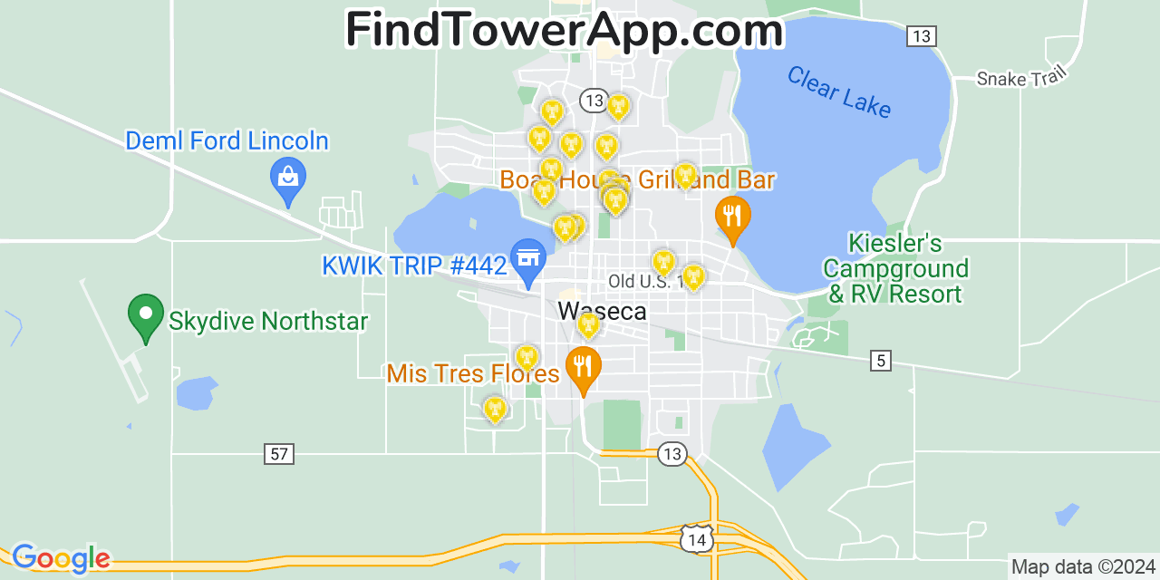 AT&T 4G/5G cell tower coverage map Waseca, Minnesota