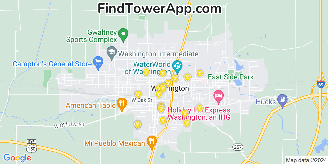 AT&T 4G/5G cell tower coverage map Washington, Indiana
