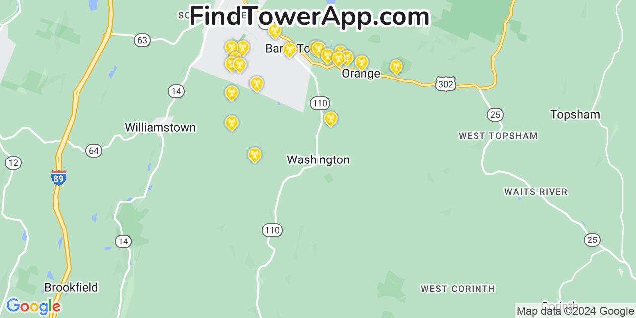 AT&T 4G/5G cell tower coverage map Washington, Vermont