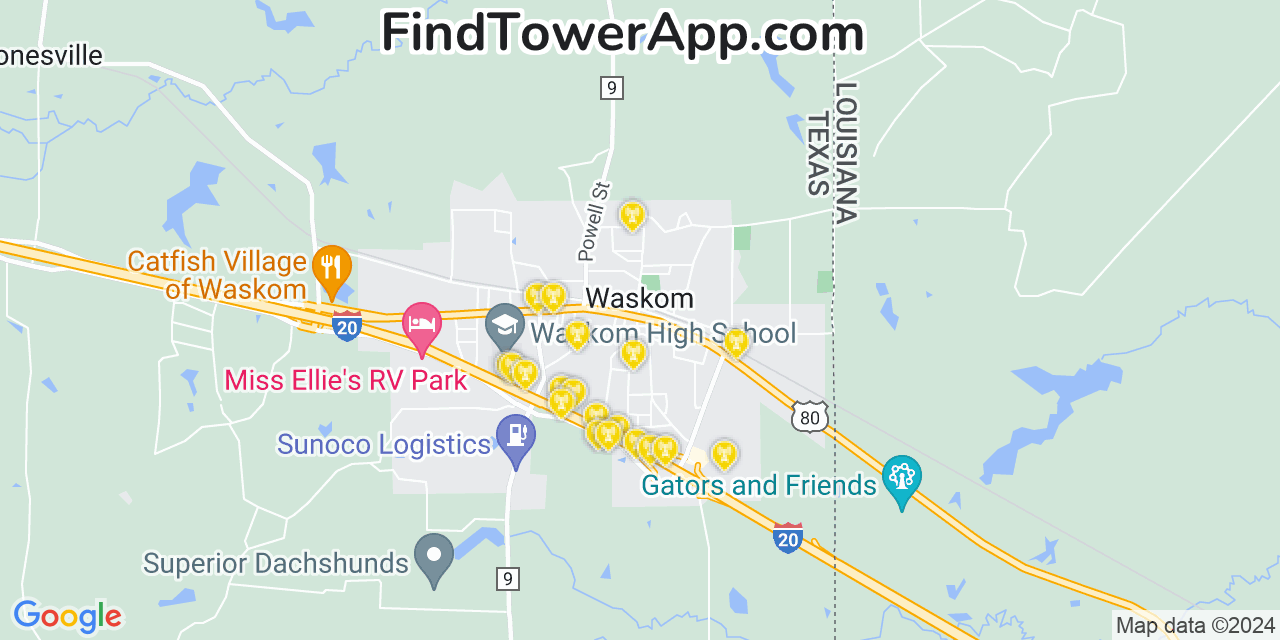 Verizon 4G/5G cell tower coverage map Waskom, Texas
