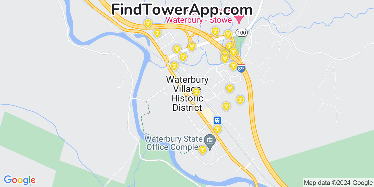 AT&T 4G/5G cell tower coverage map Waterbury, Vermont