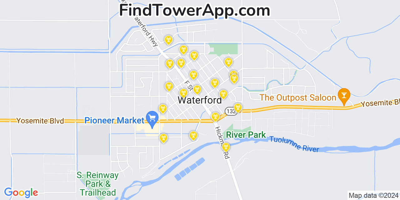 AT&T 4G/5G cell tower coverage map Waterford, California