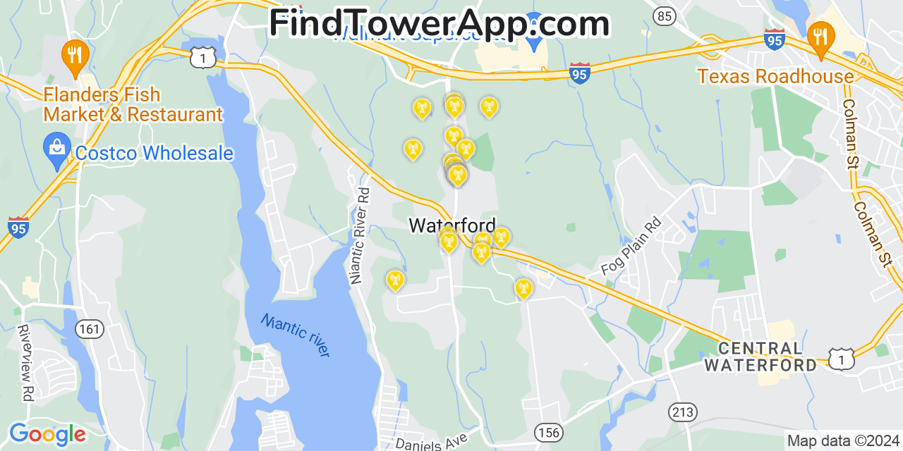 AT&T 4G/5G cell tower coverage map Waterford, Connecticut