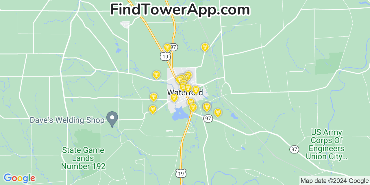 AT&T 4G/5G cell tower coverage map Waterford, Pennsylvania