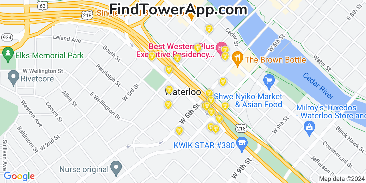AT&T 4G/5G cell tower coverage map Waterloo, Iowa