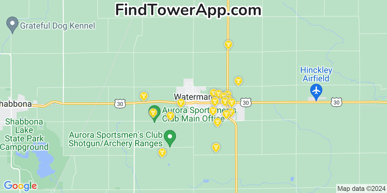 AT&T 4G/5G cell tower coverage map Waterman, Illinois