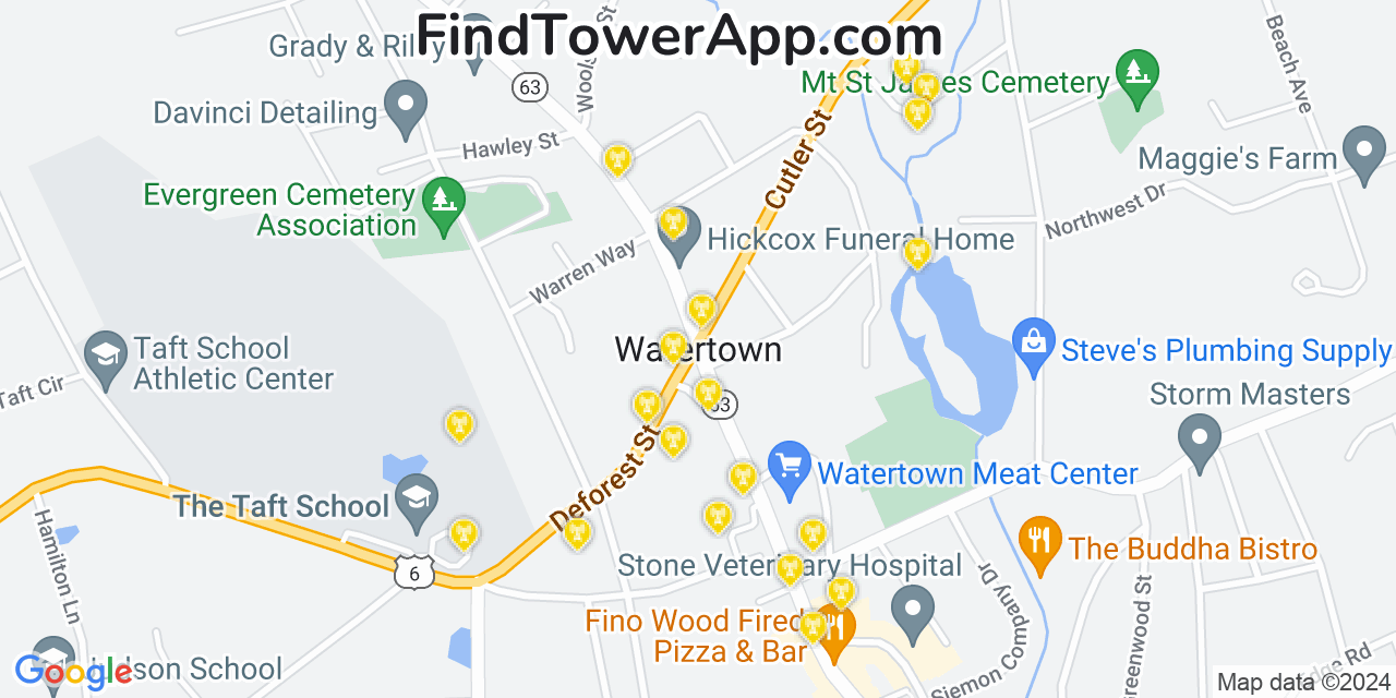 AT&T 4G/5G cell tower coverage map Watertown, Connecticut