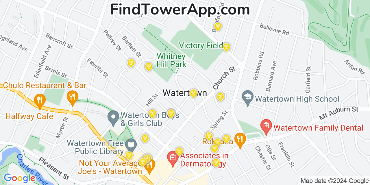 AT&T 4G/5G cell tower coverage map Watertown, Massachusetts
