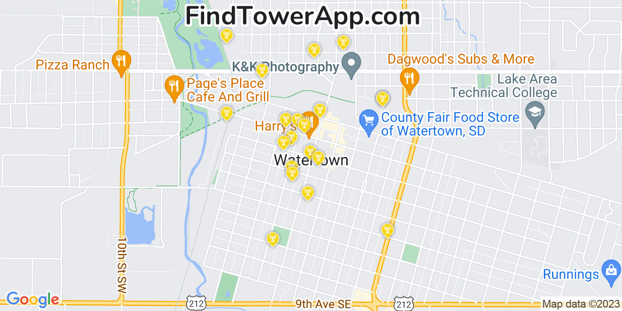 AT&T 4G/5G cell tower coverage map Watertown, South Dakota