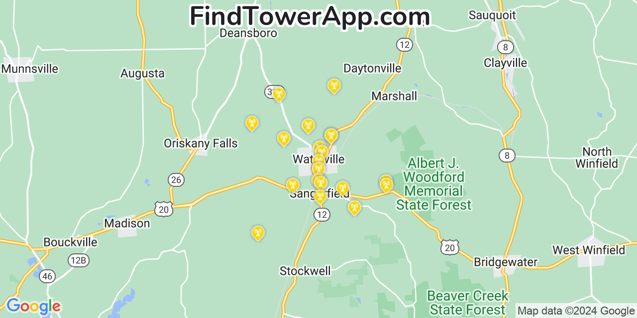 AT&T 4G/5G cell tower coverage map Waterville, New York