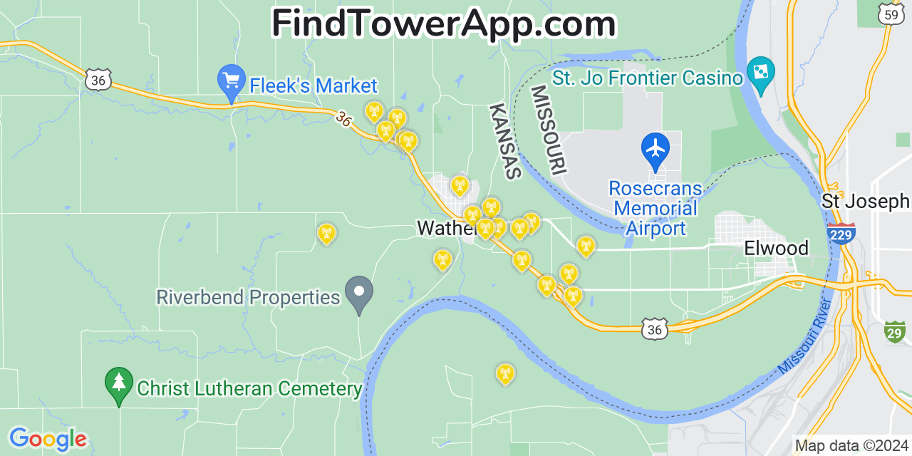 AT&T 4G/5G cell tower coverage map Wathena, Kansas