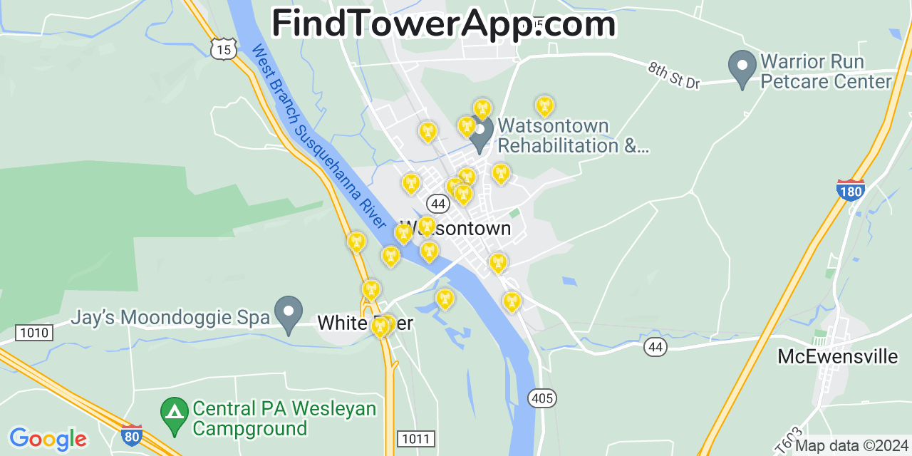 AT&T 4G/5G cell tower coverage map Watsontown, Pennsylvania
