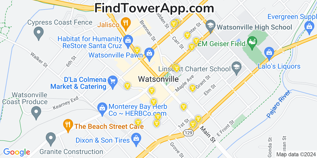 AT&T 4G/5G cell tower coverage map Watsonville, California