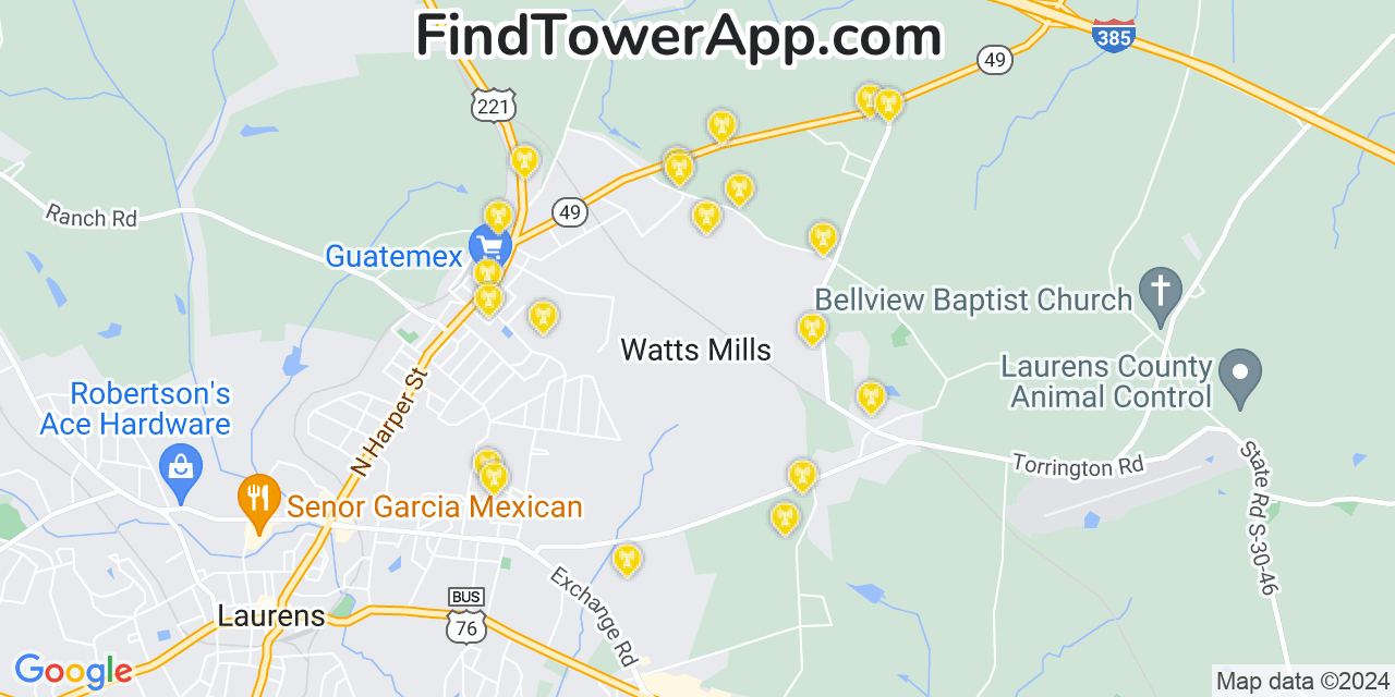 AT&T 4G/5G cell tower coverage map Watts Mills, South Carolina