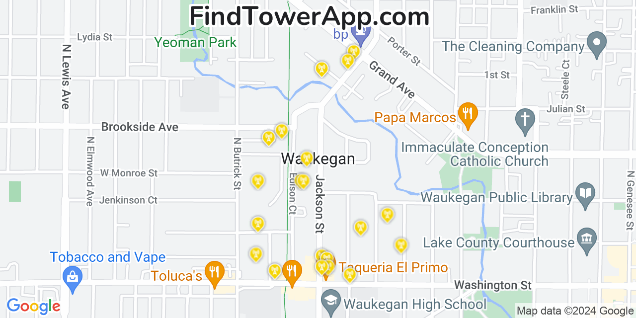 Verizon 4G/5G cell tower coverage map Waukegan, Illinois