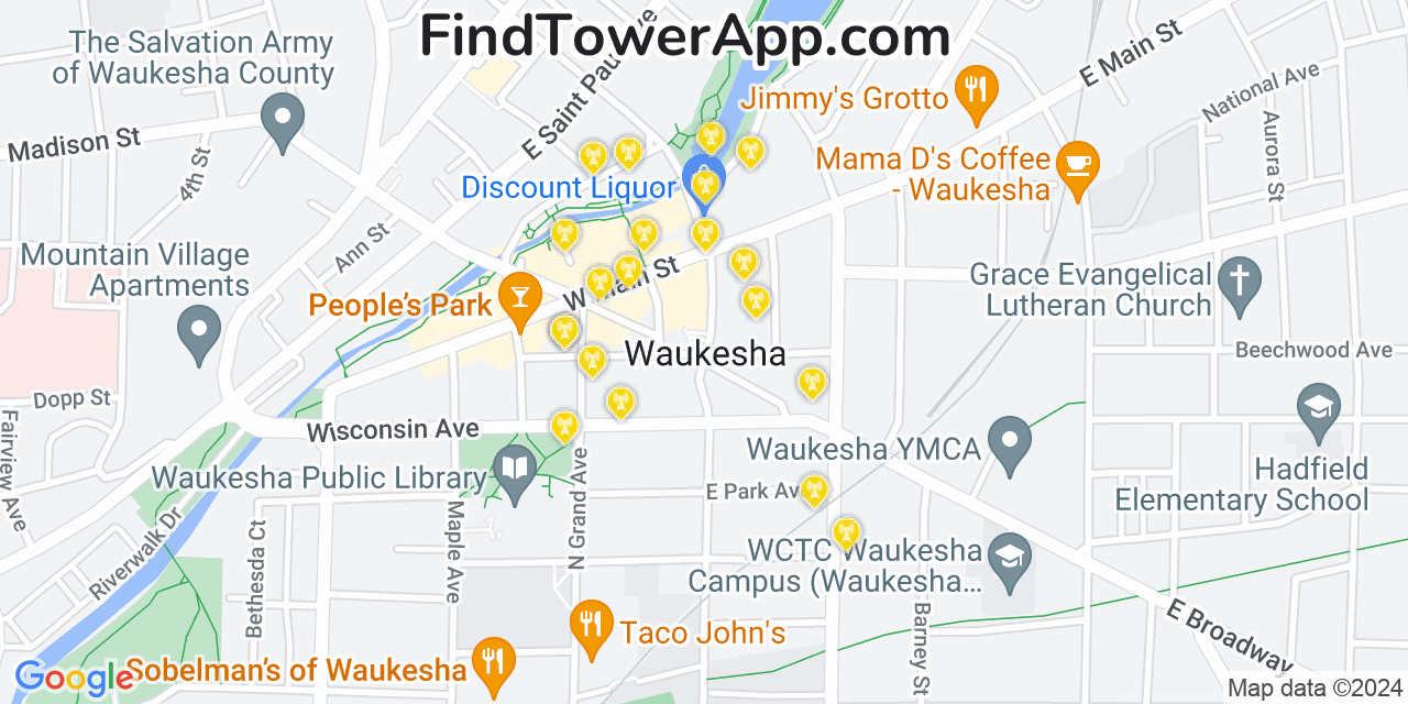 Verizon 4G/5G cell tower coverage map Waukesha, Wisconsin