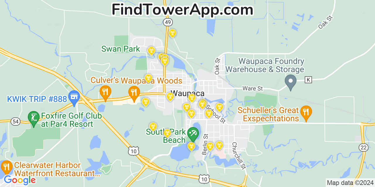 AT&T 4G/5G cell tower coverage map Waupaca, Wisconsin
