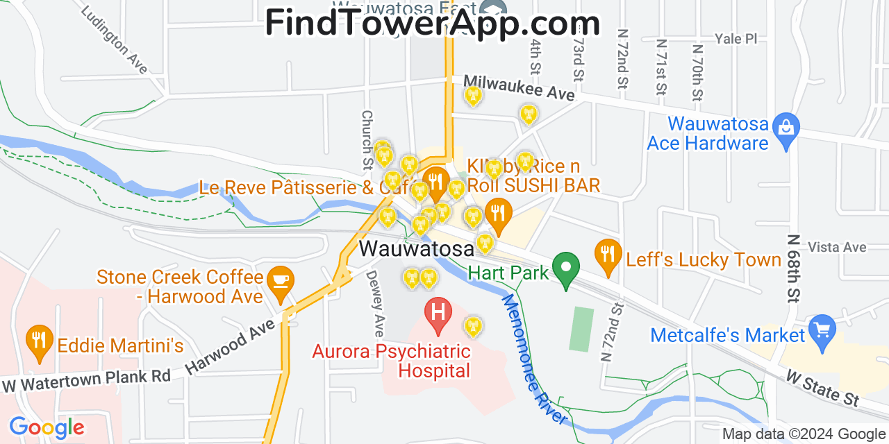 AT&T 4G/5G cell tower coverage map Wauwatosa, Wisconsin