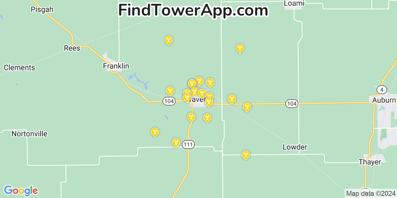 AT&T 4G/5G cell tower coverage map Waverly, Illinois