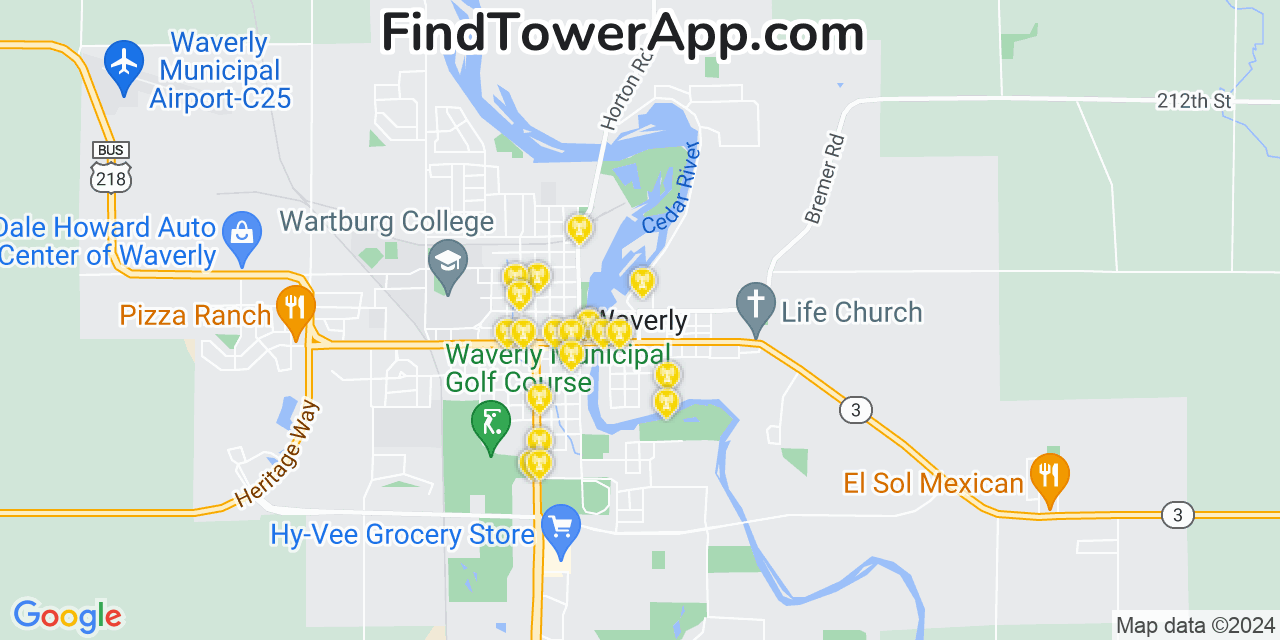 AT&T 4G/5G cell tower coverage map Waverly, Iowa