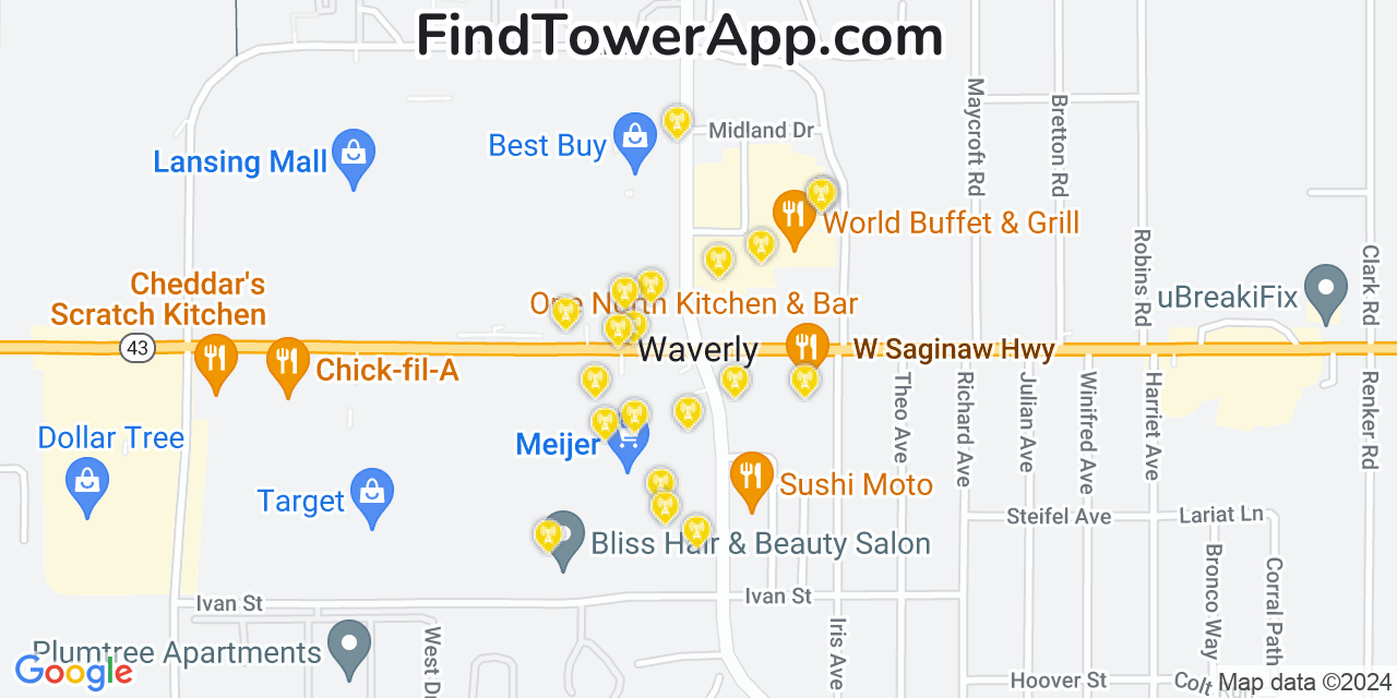 AT&T 4G/5G cell tower coverage map Waverly, Michigan