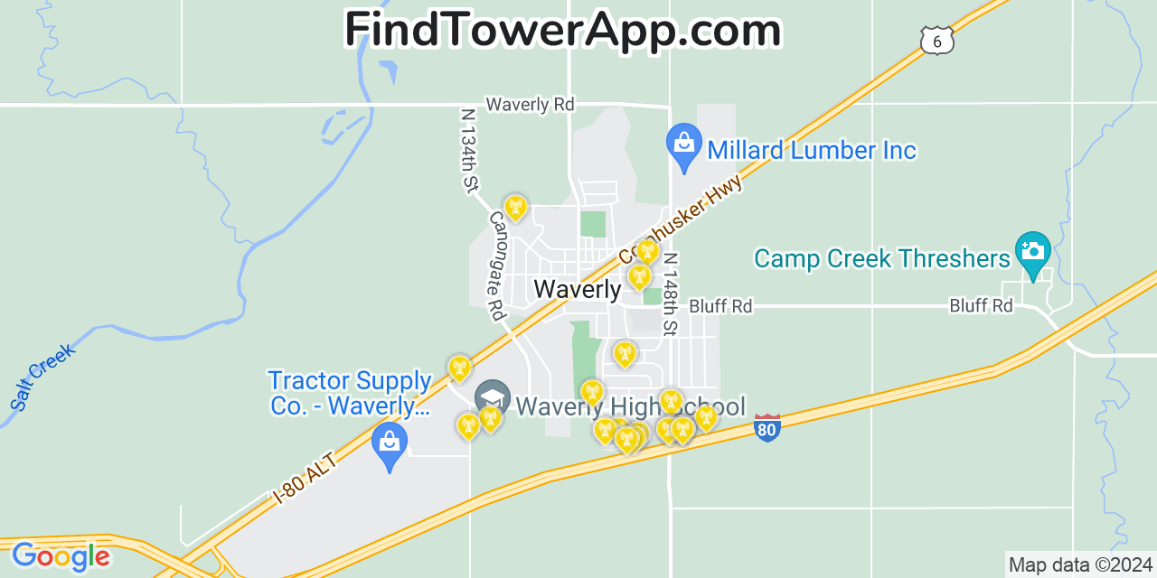 AT&T 4G/5G cell tower coverage map Waverly, Nebraska