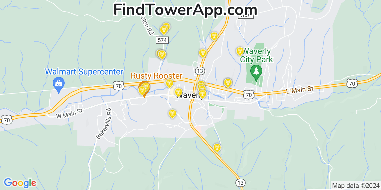 AT&T 4G/5G cell tower coverage map Waverly, Tennessee