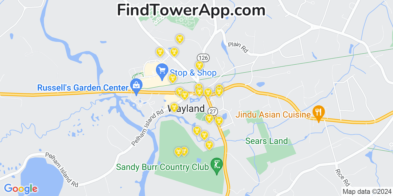 AT&T 4G/5G cell tower coverage map Wayland, Massachusetts