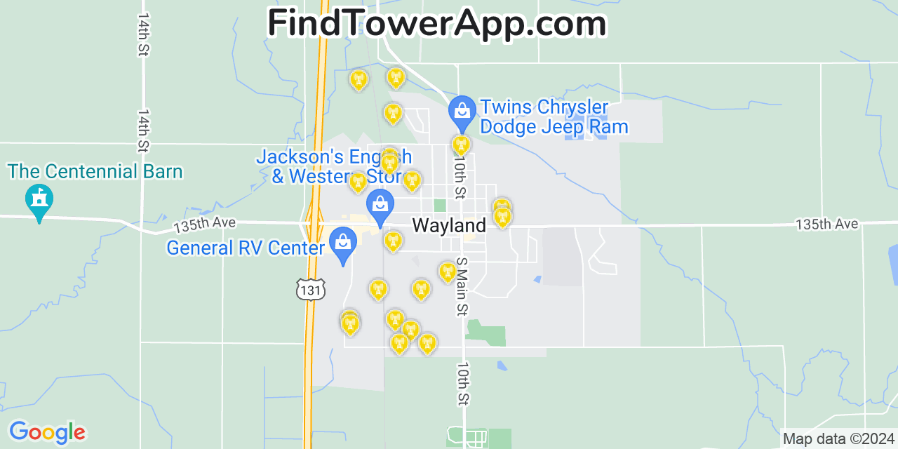 AT&T 4G/5G cell tower coverage map Wayland, Michigan