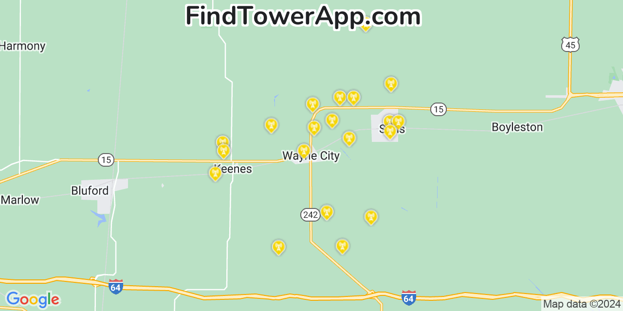 AT&T 4G/5G cell tower coverage map Wayne City, Illinois