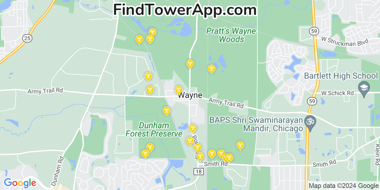 Verizon 4G/5G cell tower coverage map Wayne, Illinois