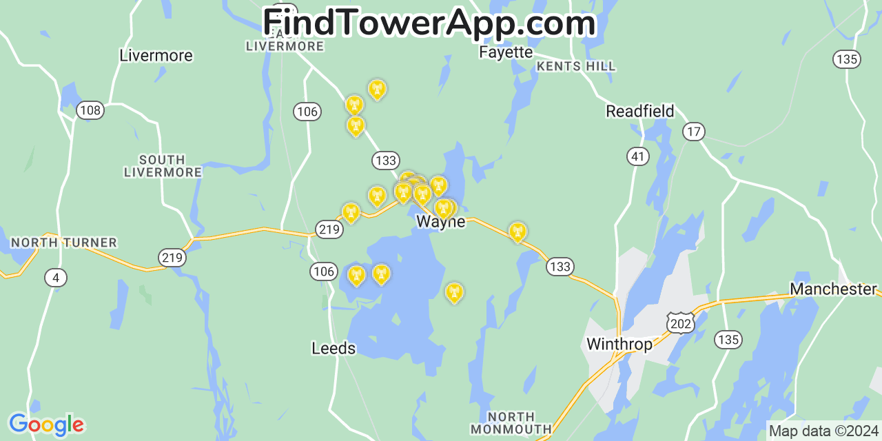 Verizon 4G/5G cell tower coverage map Wayne, Maine