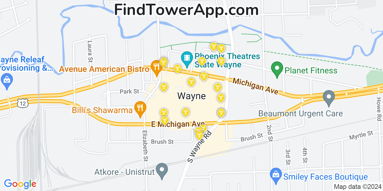AT&T 4G/5G cell tower coverage map Wayne, Michigan