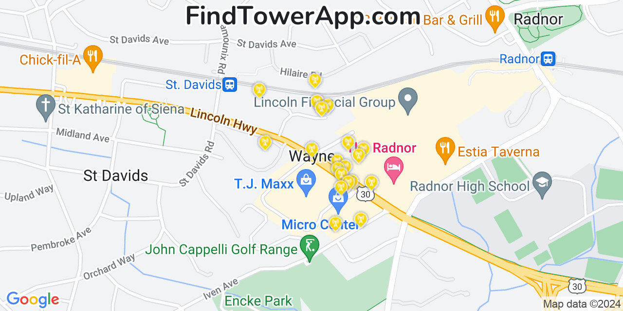 AT&T 4G/5G cell tower coverage map Wayne, Pennsylvania