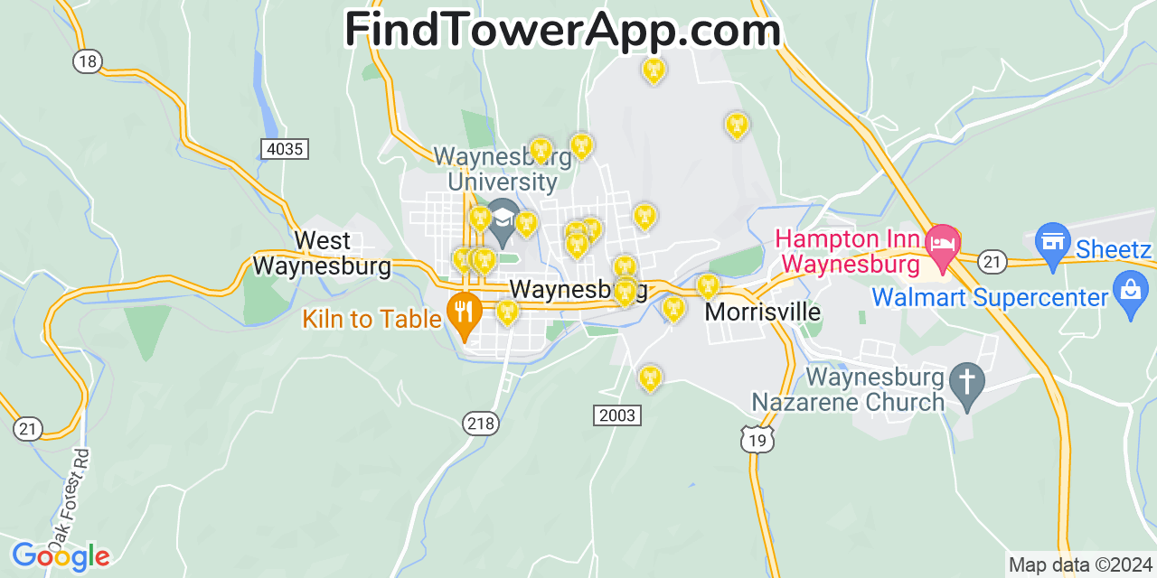 AT&T 4G/5G cell tower coverage map Waynesburg, Pennsylvania