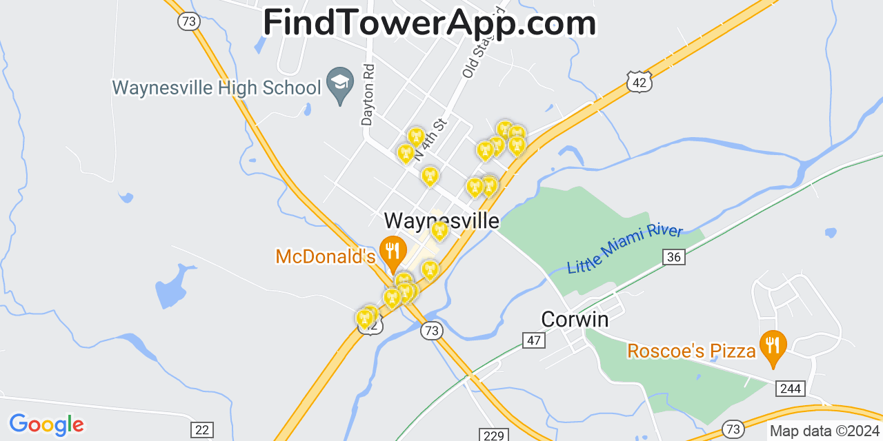 AT&T 4G/5G cell tower coverage map Waynesville, Ohio