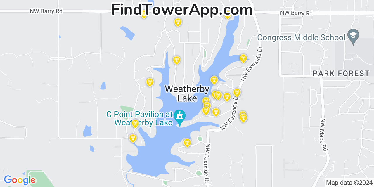 AT&T 4G/5G cell tower coverage map Weatherby Lake, Missouri