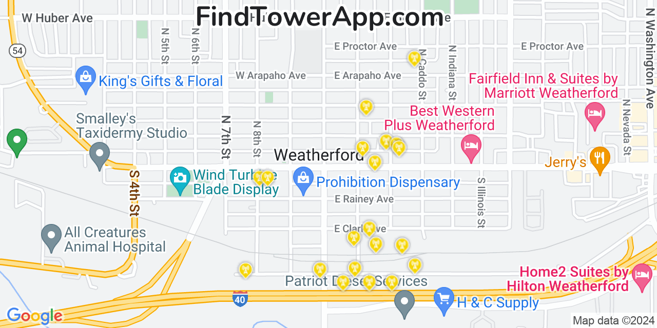 AT&T 4G/5G cell tower coverage map Weatherford, Oklahoma