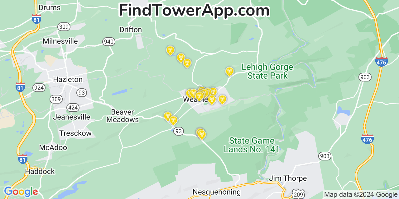 AT&T 4G/5G cell tower coverage map Weatherly, Pennsylvania