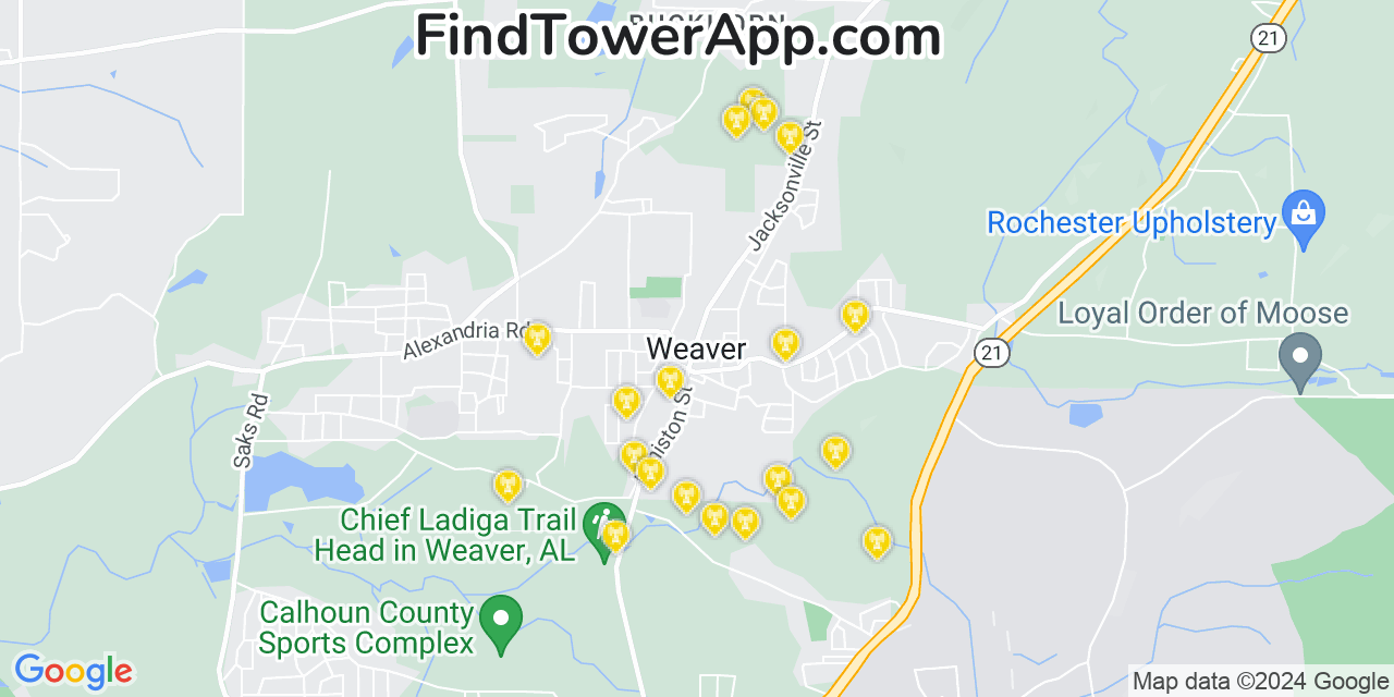 AT&T 4G/5G cell tower coverage map Weaver, Alabama