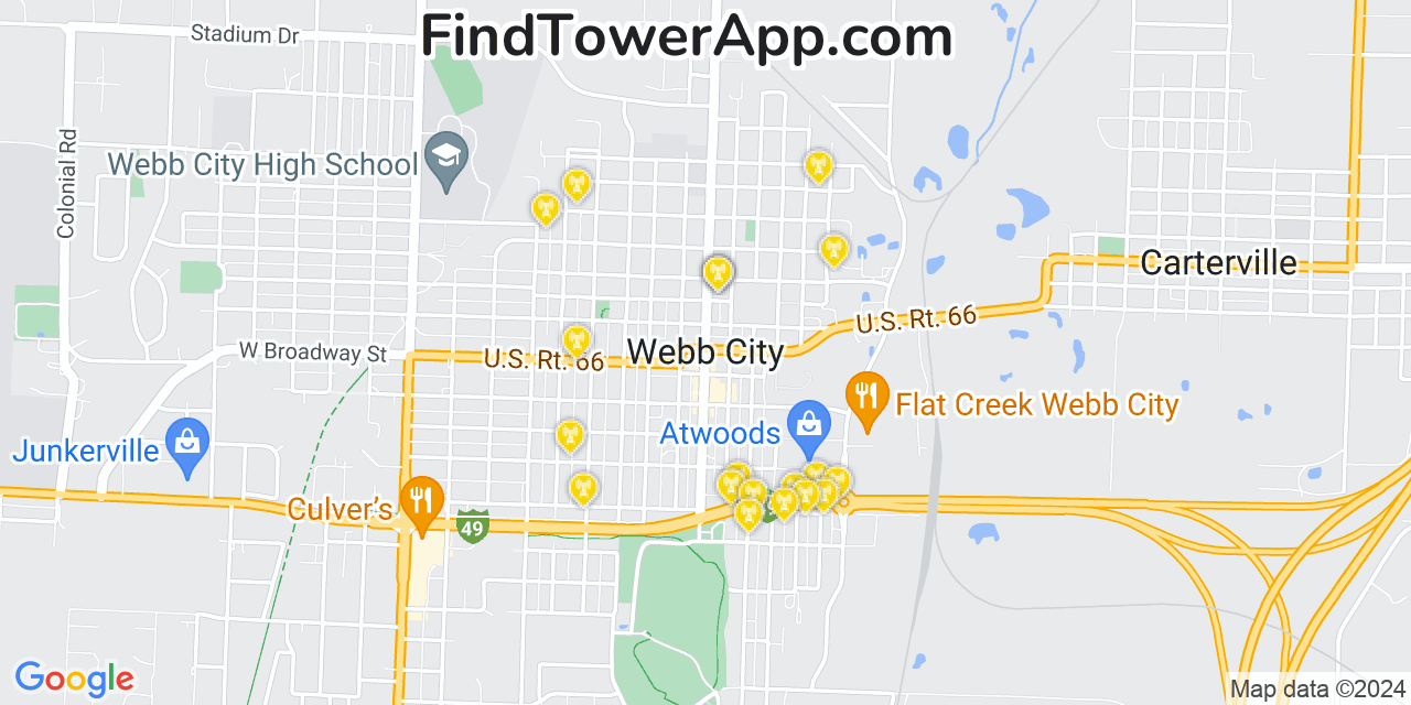 AT&T 4G/5G cell tower coverage map Webb City, Missouri