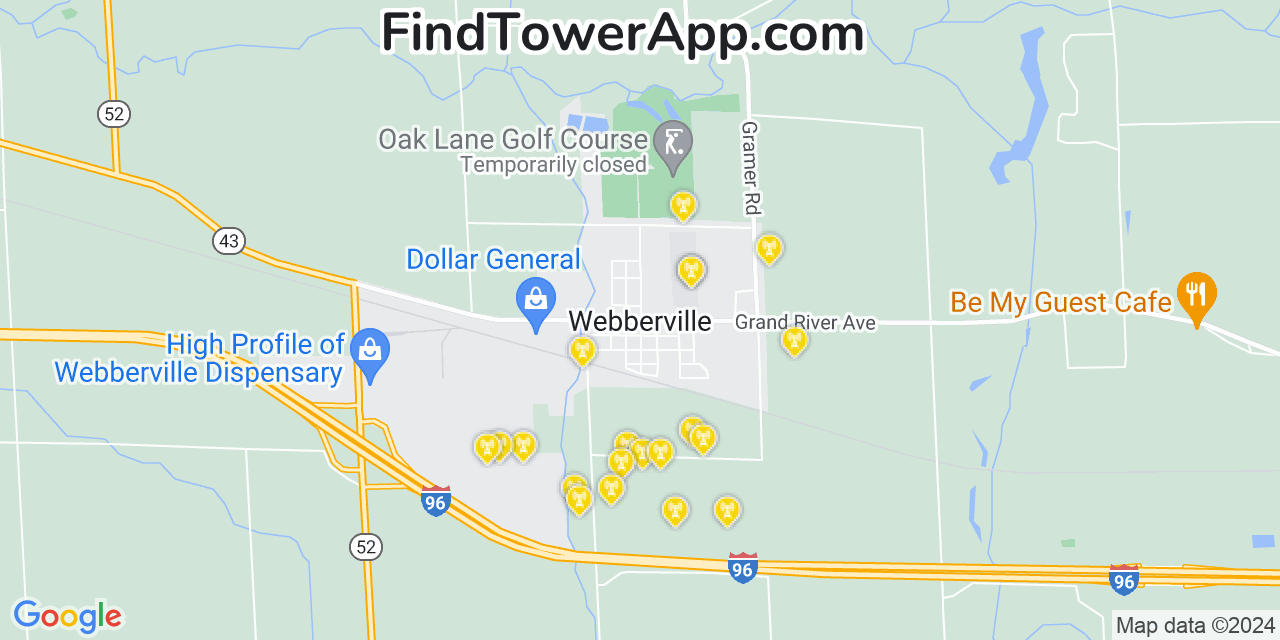 AT&T 4G/5G cell tower coverage map Webberville, Michigan
