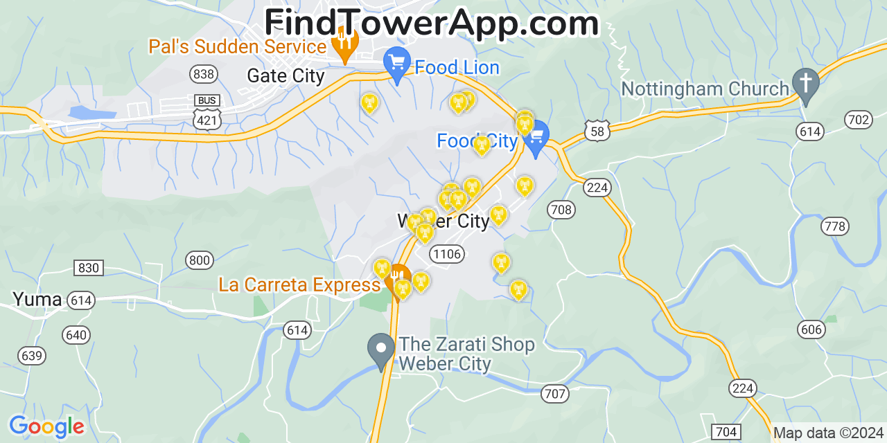 AT&T 4G/5G cell tower coverage map Weber City, Virginia