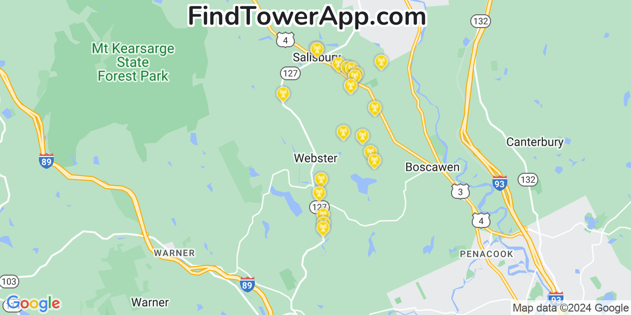 AT&T 4G/5G cell tower coverage map Webster, New Hampshire