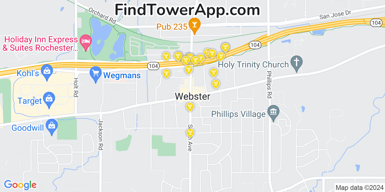 AT&T 4G/5G cell tower coverage map Webster, New York
