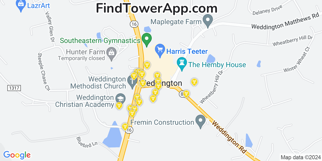 AT&T 4G/5G cell tower coverage map Weddington, North Carolina
