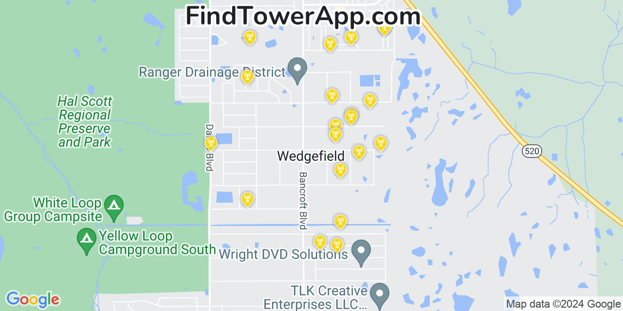 AT&T 4G/5G cell tower coverage map Wedgefield, Florida