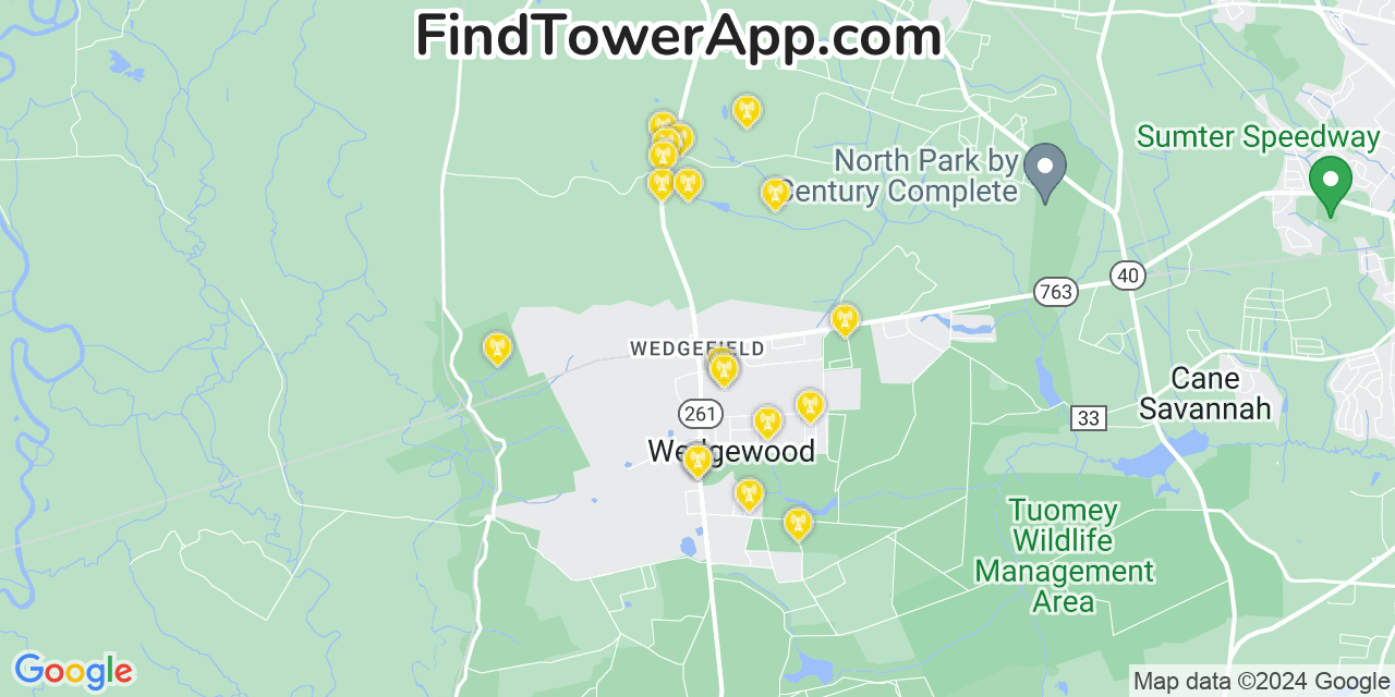 AT&T 4G/5G cell tower coverage map Wedgefield, South Carolina
